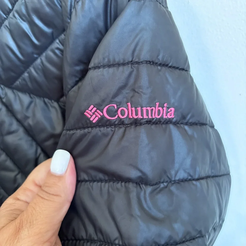 Columbia Girls Quilted Puffer Jacket L 14/16 Black Pink Hooded Lightweight